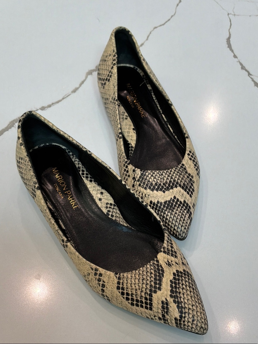 MARION PARKE Toscana Italy 36.5 Beige Snake Python Print Pointed Toe Flats